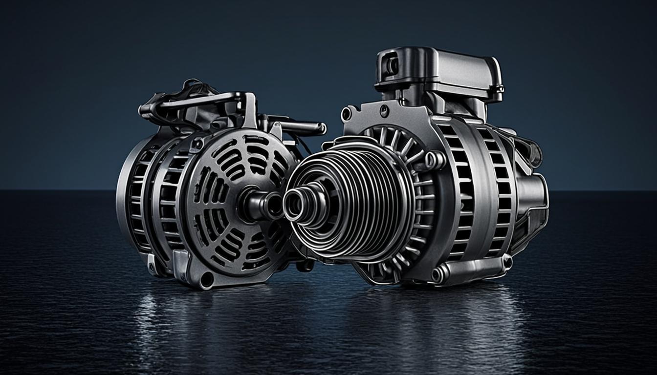 Premium automotive electrical parts — alternators, starter motors, and regulators displayed professionally