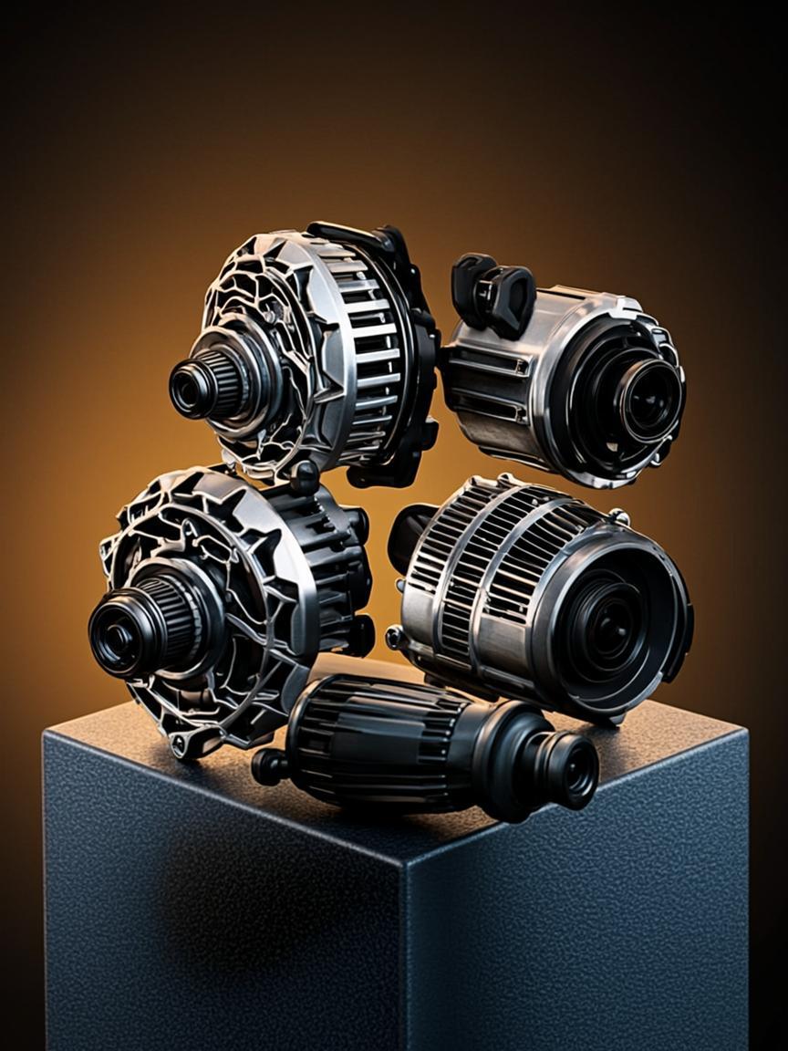 Premium automotive electrical parts displayed in a professional studio setting